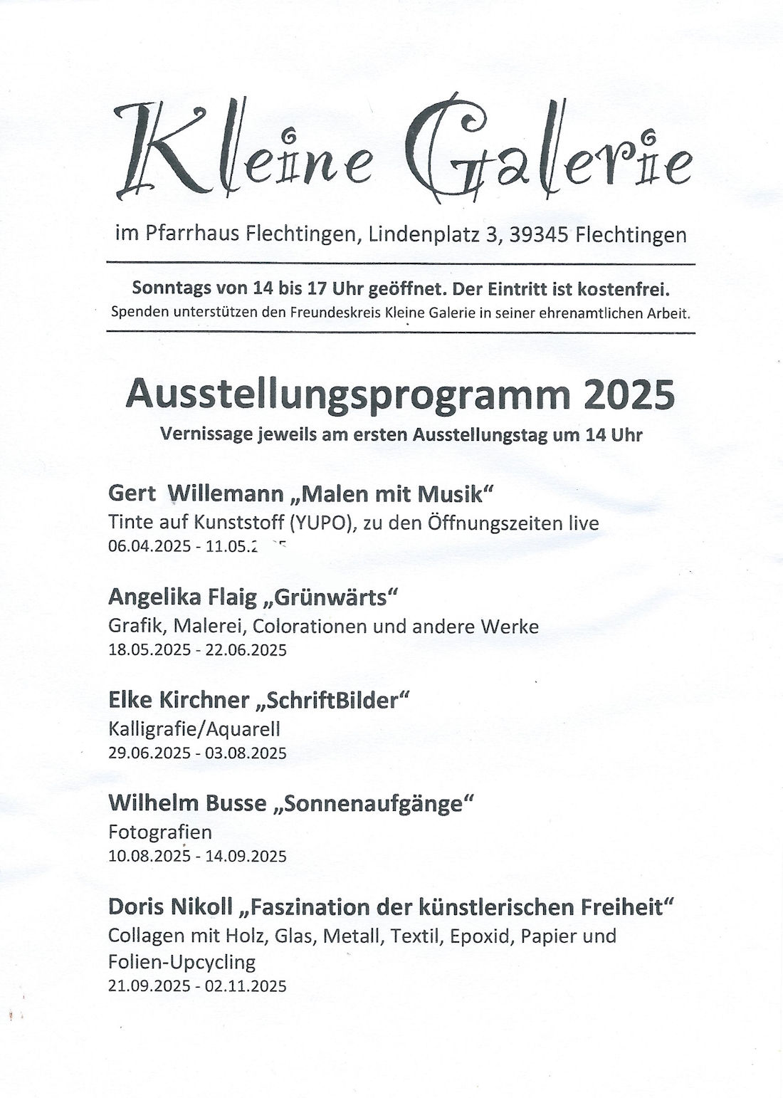 Flyer Ausstellungsprogramm 2025 Kleine Gallerie